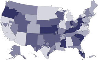 A map of the 58 donation service areas in the United States.